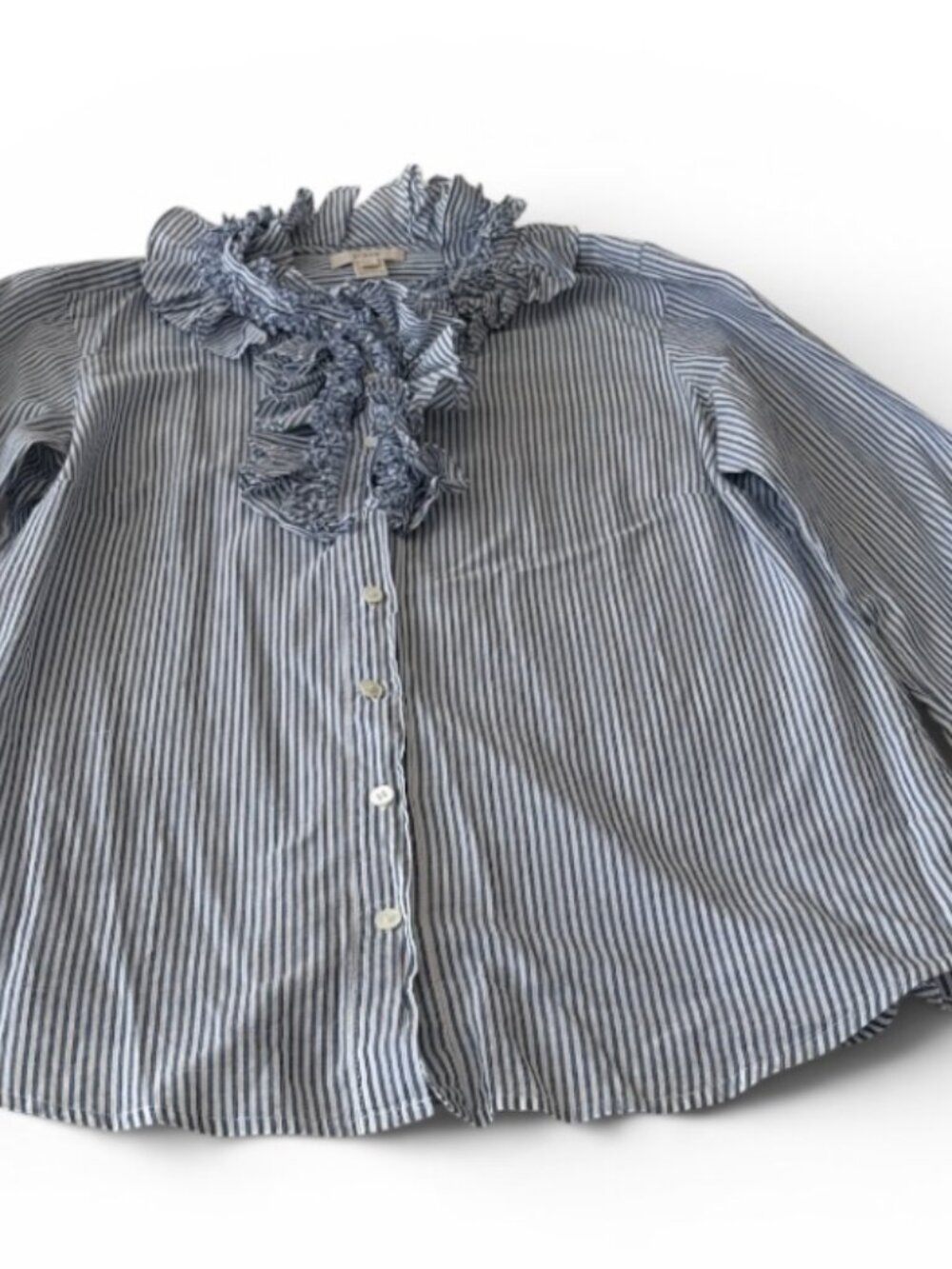 J. CREW WOMENS BLUE & WHITE PINSTRIPE RUFFLE COLLAR BLOUSE SIZE 2
